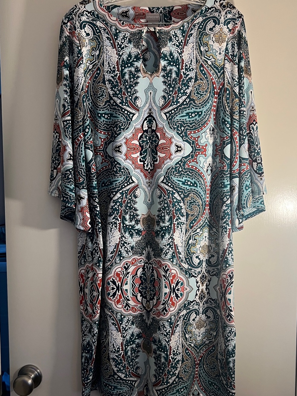 Chico's Paisley Print Midi Dress in Teal, Coral and Black